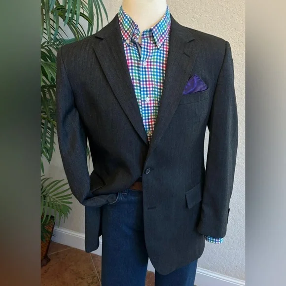 JOS A BANK SPORT COAT MENS SIZE 42L BLAZER CHARCOAL HERRINGBONE JACKET LONG FIT